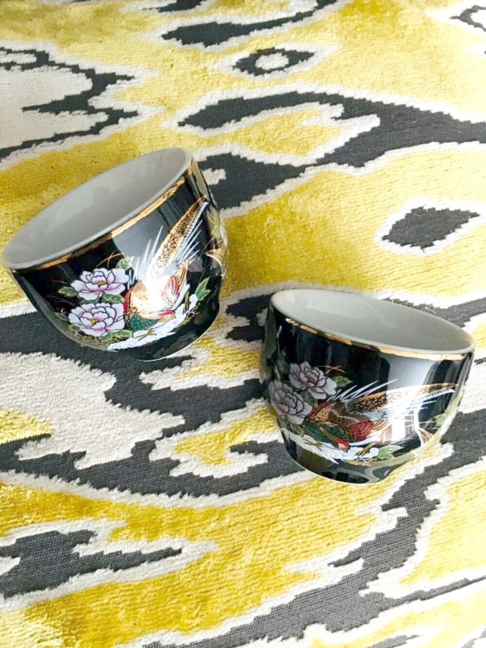 Vintage Japanese Black Porcelain Tea Cups, Pheasant & Peony Gold Trim Pair #1